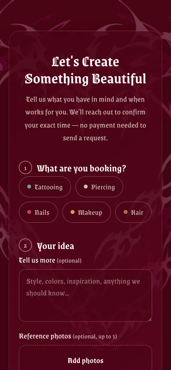 The Artem Room booking request form asking what the client is booking