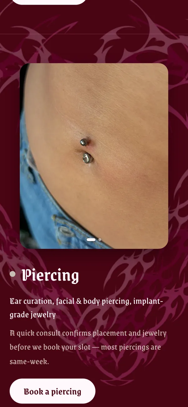 The Artem Room piercing section with a photo, description and booking button